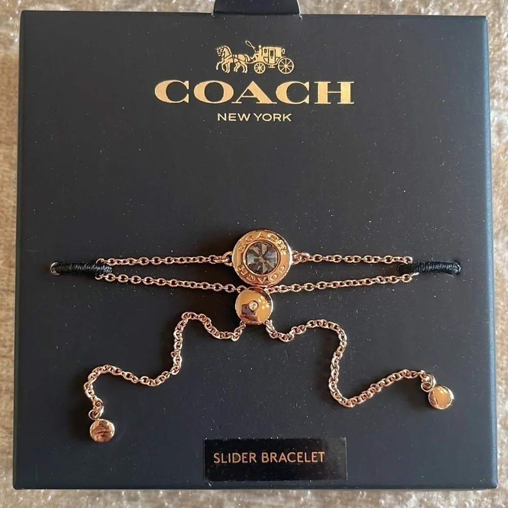 Brand New Coach Open Circle Slider Bracelet Rose Gold Glass Stone